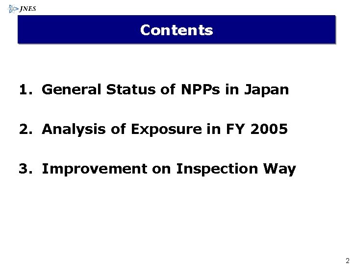 Contents 1. General Status of NPPs in Japan 2. Analysis of Exposure in FY