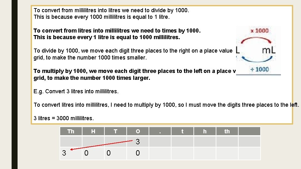 To convert from millilitres into litres we need to divide by 1000. This is