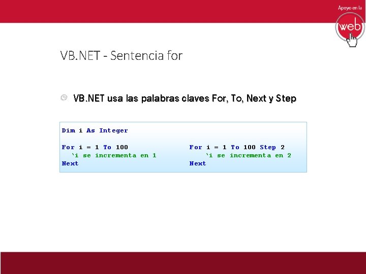 VB. NET - Sentencia for VB. NET usa las palabras claves For, To, Next