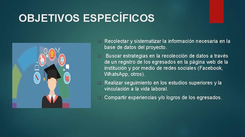 OBJETIVOS ESPECÍFICOS q Recolectar y sistematizar la información necesaria en la base de datos