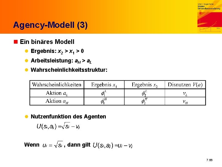 Agency-Modell (3) n Ein binäres Modell l Ergebnis: x 2 > x 1 >