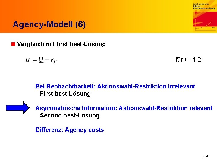 Agency-Modell (6) n Vergleich mit first best-Lösung für i = 1, 2 Bei Beobachtbarkeit: