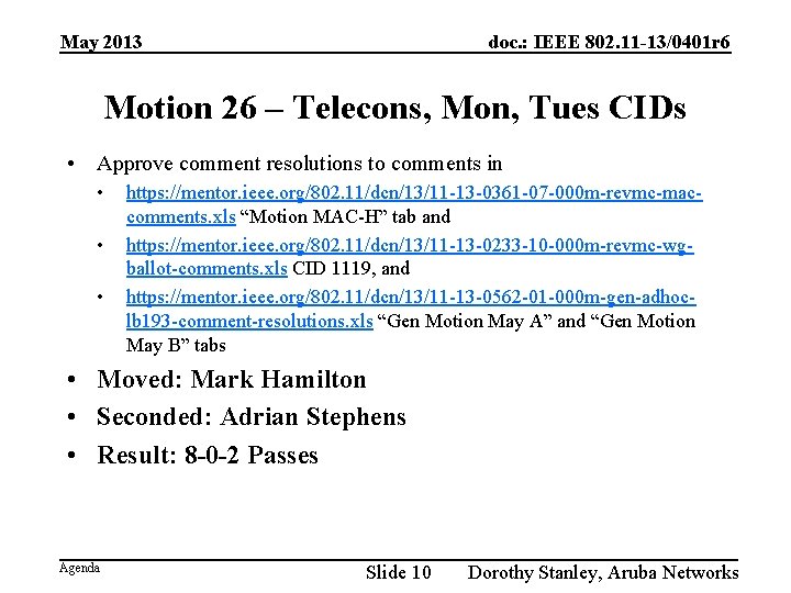 May 2013 doc. : IEEE 802. 11 -13/0401 r 6 Motion 26 – Telecons,