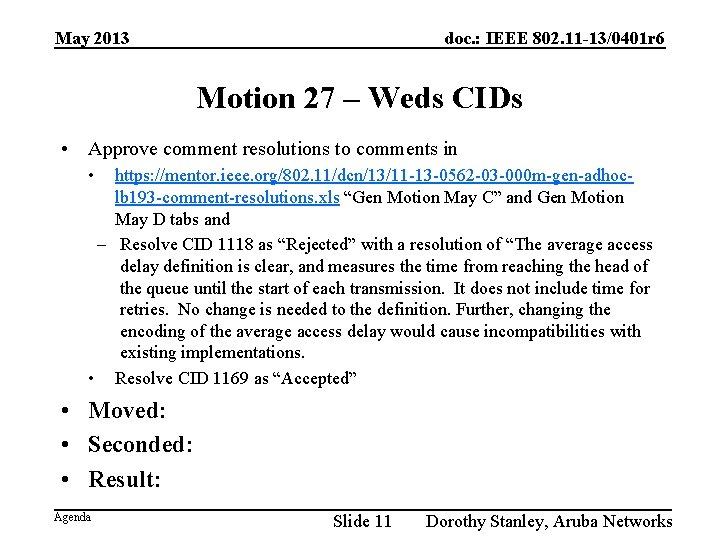 May 2013 doc. : IEEE 802. 11 -13/0401 r 6 Motion 27 – Weds