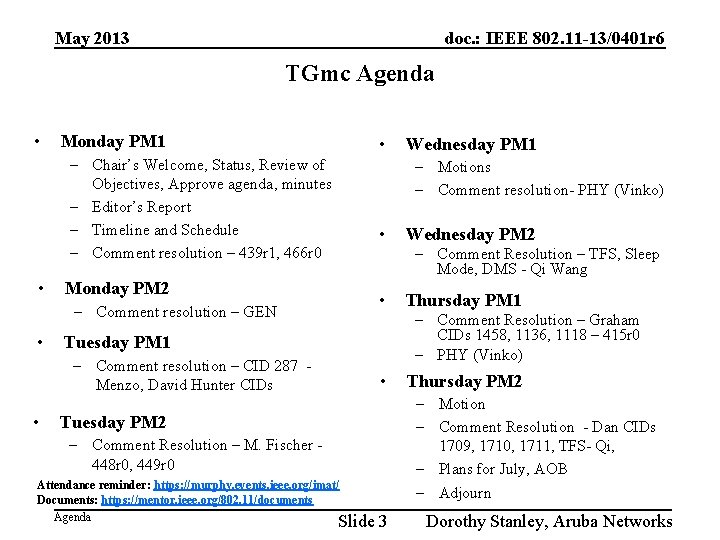 May 2013 doc. : IEEE 802. 11 -13/0401 r 6 TGmc Agenda • Monday