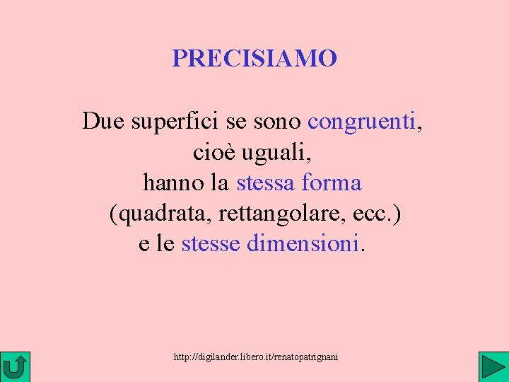 PRECISIAMO Due superfici se sono congruenti, cioè uguali, hanno la stessa forma (quadrata, rettangolare,