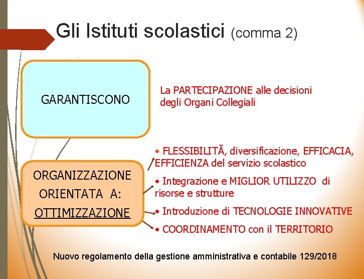 Gli Istituti scolastici (comma 2) GARANTISCONO ORGANIZZAZIONE ORIENTATA A: OTTIMIZZAZIONE La PARTECIPAZIONE alle decisioni