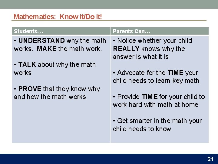 Mathematics: Know it/Do it! Students… Parents Can… • UNDERSTAND why the math • Notice