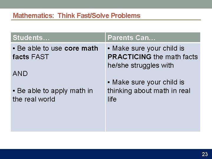 Mathematics: Think Fast/Solve Problems Students… • Be able to use core math facts FAST