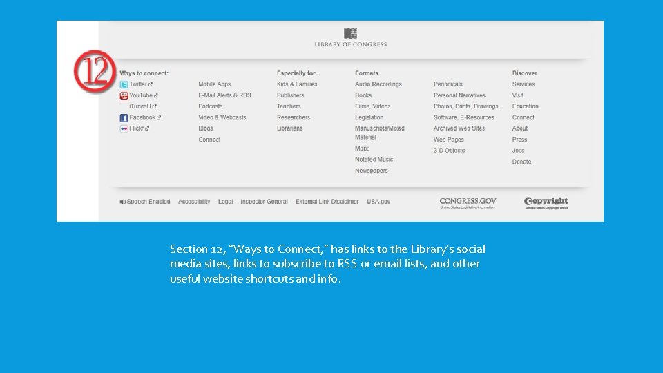 Section 12, “Ways to Connect, ” has links to the Library’s social media sites, Section 12, “Ways to Connect, ” has links to the Library’s social media sites,