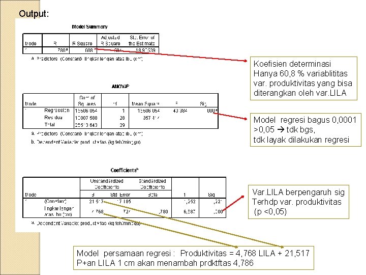 Output: Koefisien determinasi Hanya 60, 8 % variablititas var. produktivitas yang bisa diterangkan oleh