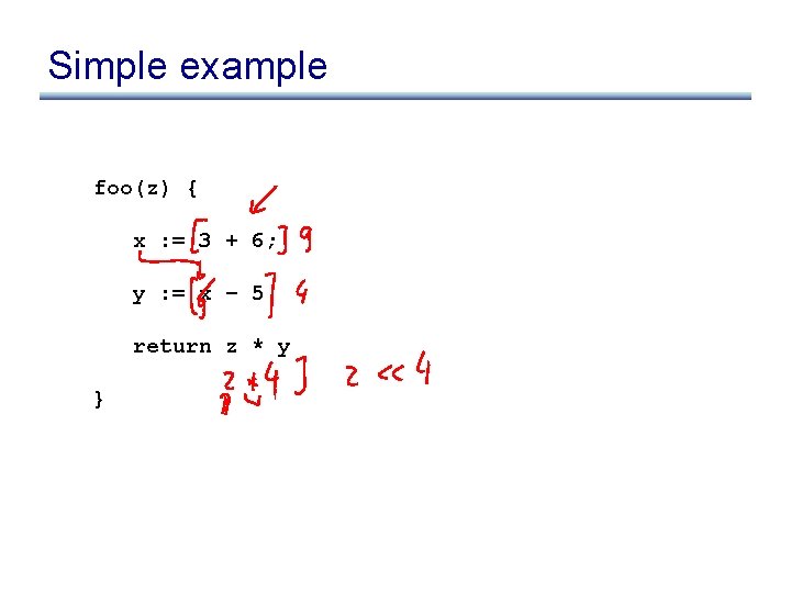 Simple example foo(z) { x : = 3 + 6; y : = x