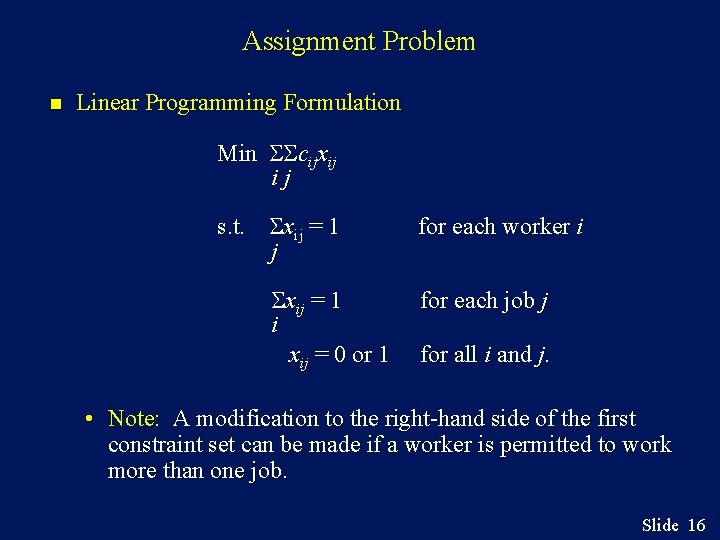 Assignment Problem n Linear Programming Formulation Min SScijxij ij s. t. Sxij = 1