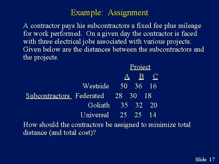 Example: Assignment A contractor pays his subcontractors a fixed fee plus mileage for work