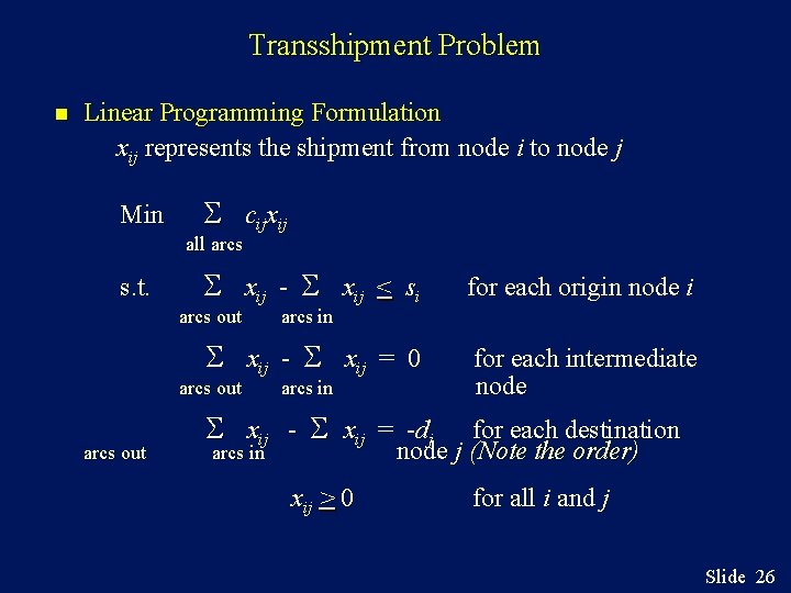 Transshipment Problem n Linear Programming Formulation xij represents the shipment from node i to