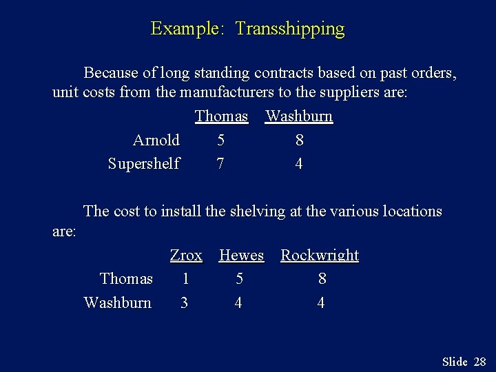 Example: Transshipping Because of long standing contracts based on past orders, unit costs from