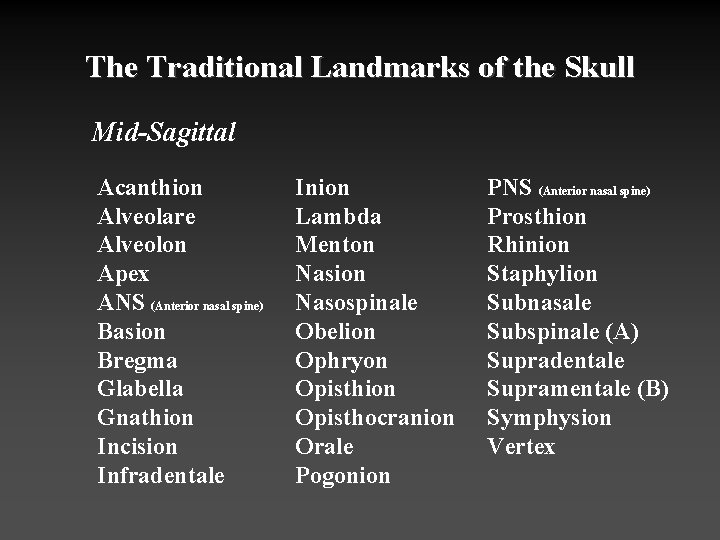 The Traditional Landmarks of the Skull Mid-Sagittal Acanthion Alveolare Alveolon Apex ANS (Anterior nasal