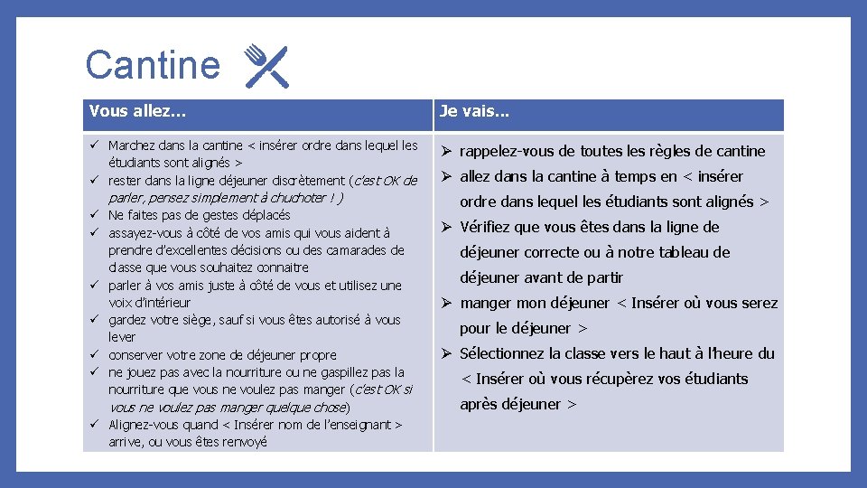 Cantine Vous allez. . . Je vais. . . ü Marchez dans la cantine