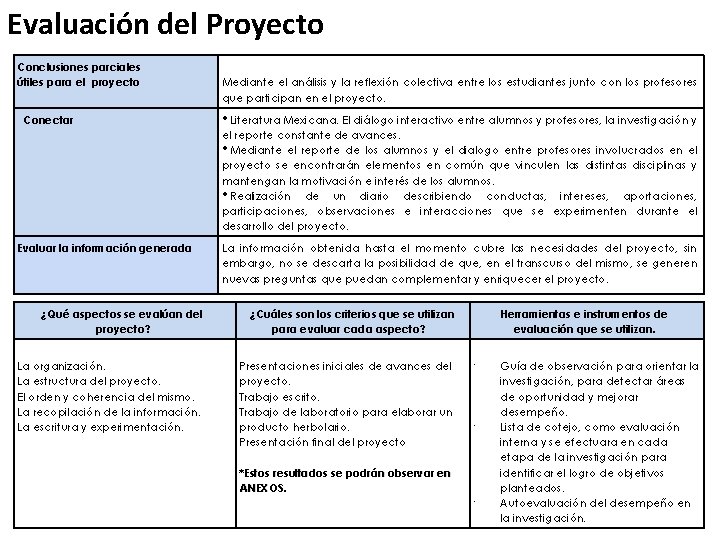 Evaluación del Proyecto Conclusiones parciales útiles para el proyecto Conectar Mediante el análisis y