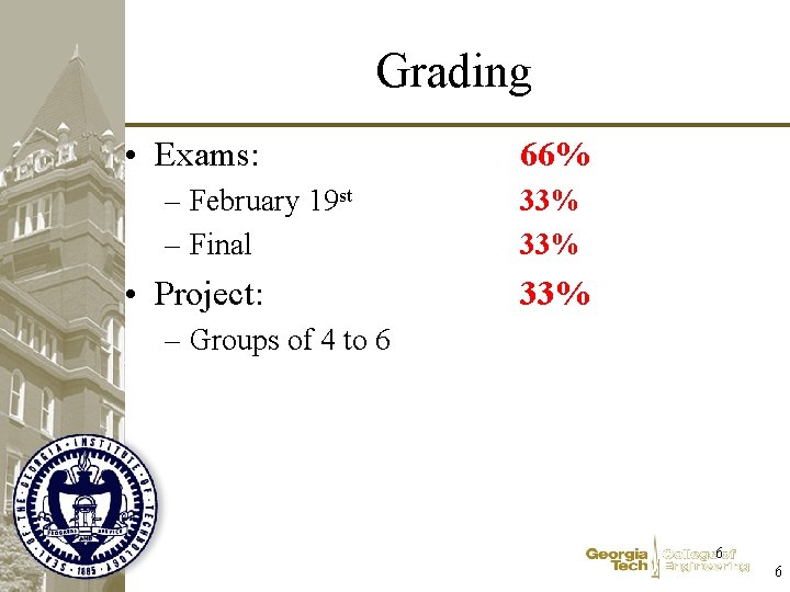Grading • Exams: – February 19 st – Final • Project: 66% 33% 33%