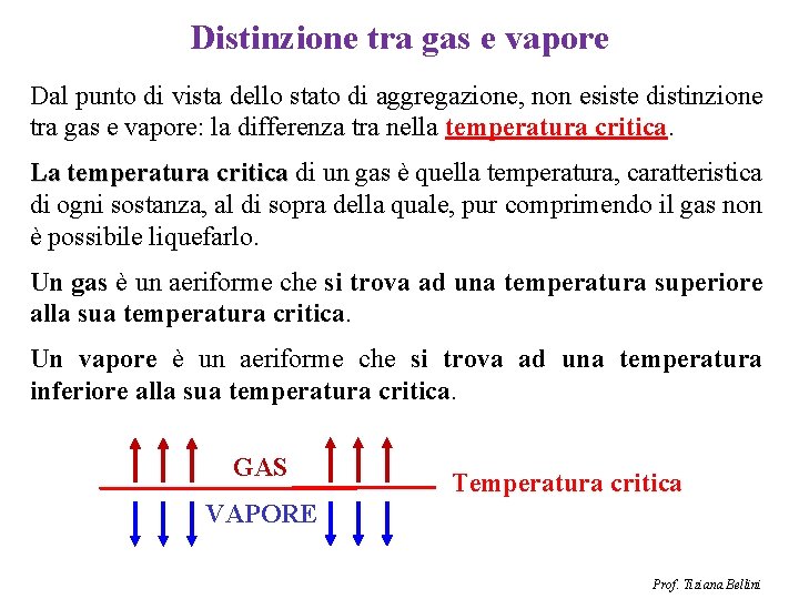 Distinzione tra gas e vapore Dal punto di vista dello stato di aggregazione, non