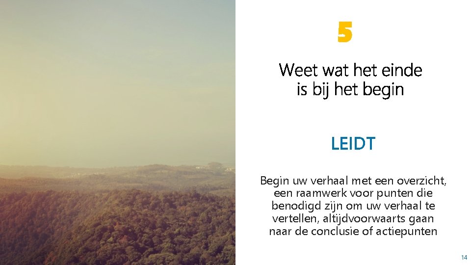 5 LEIDT Begin uw verhaal met een overzicht, een raamwerk voor punten die benodigd