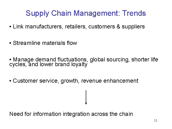 Supply Chain Management: Trends • Link manufacturers, retailers, customers & suppliers • Streamline materials