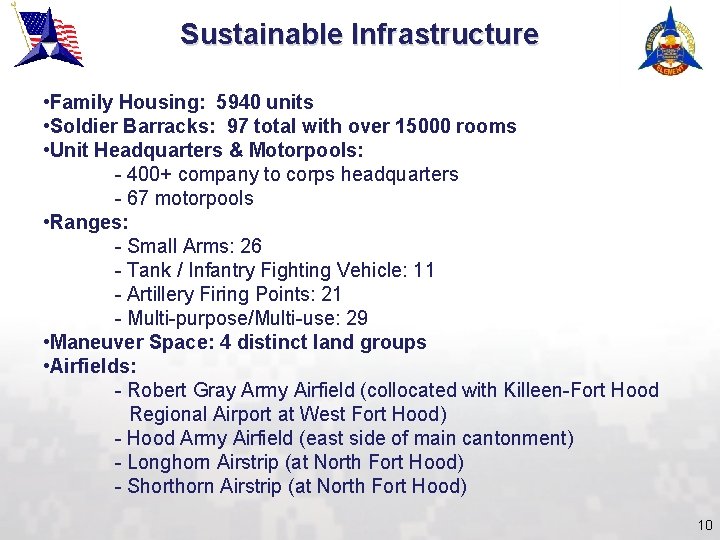 Sustainable Infrastructure • Family Housing: 5940 units • Soldier Barracks: 97 total with over