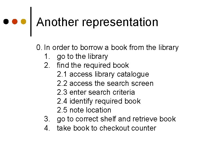 Another representation 0. In order to borrow a book from the library 1. go