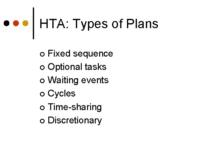 HTA: Types of Plans Fixed sequence ¢ Optional tasks ¢ Waiting events ¢ Cycles