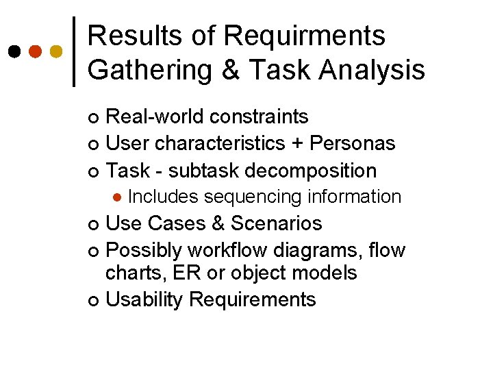 Results of Requirments Gathering & Task Analysis Real-world constraints ¢ User characteristics + Personas