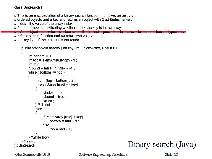Binary search (Java) ©Ian Sommerville 2010 Software Engineering, 8 th edition. Slide 23 