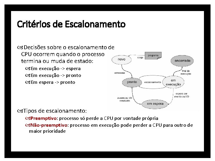 Critérios de Escalonamento Decisões sobre o escalonamento de CPU ocorrem quando o processo termina