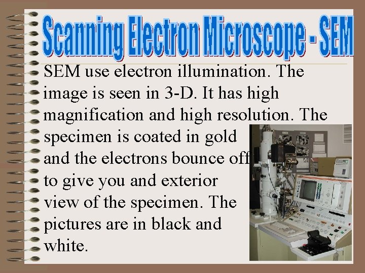 SEM use electron illumination. The image is seen in 3 -D. It has high