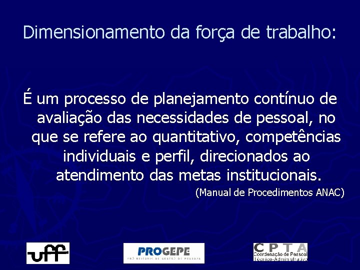 Dimensionamento da força de trabalho: É um processo de planejamento contínuo de avaliação das