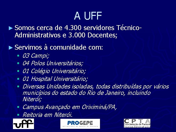 A UFF ► Somos cerca de 4. 300 servidores Técnico. Administrativos e 3. 000