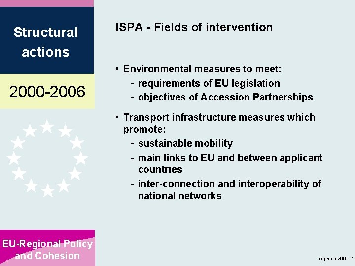 Structural actions 2000 -2006 ISPA - Fields of intervention • Environmental measures to meet: