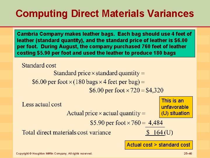 Computing Direct Materials Variances Cambria Company makes leather bags. Each bag should use 4