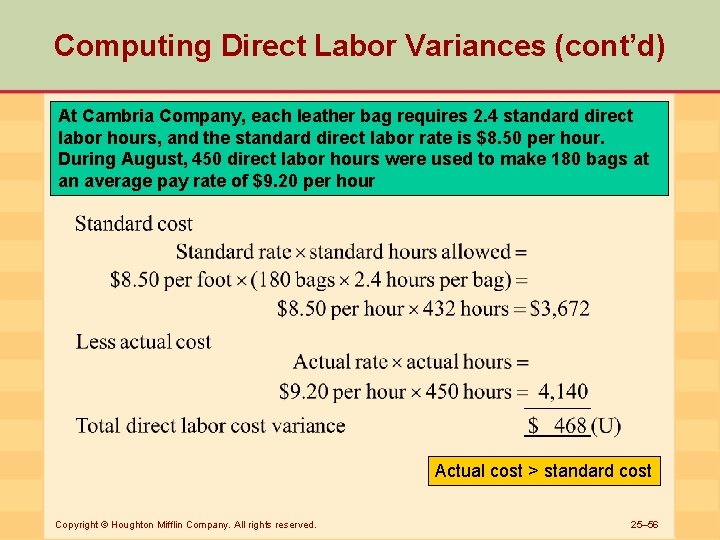 Computing Direct Labor Variances (cont’d) At Cambria Company, each leather bag requires 2. 4