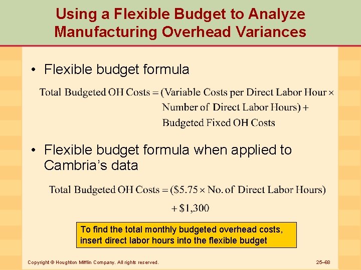 Using a Flexible Budget to Analyze Manufacturing Overhead Variances • Flexible budget formula when