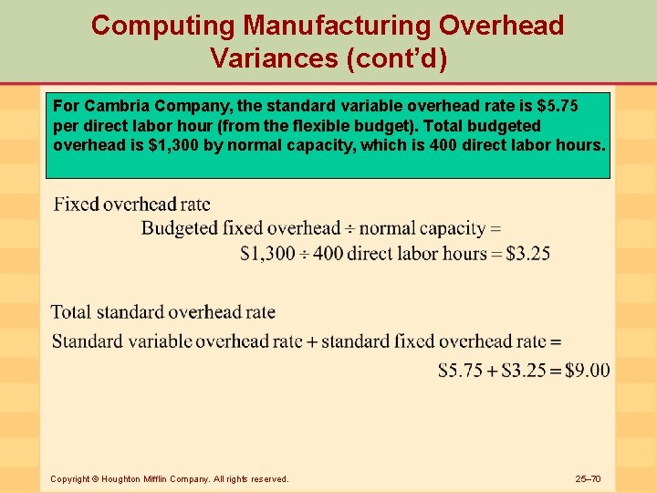 Computing Manufacturing Overhead Variances (cont’d) For Cambria Company, the standard variable overhead rate is