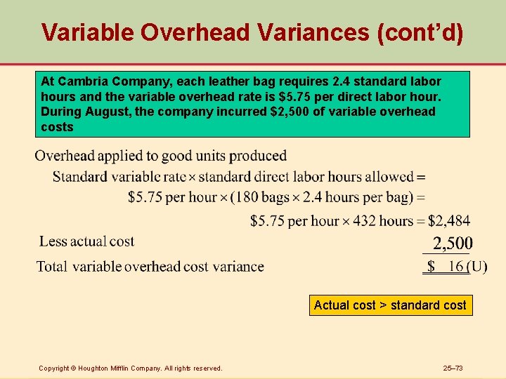 Variable Overhead Variances (cont’d) At Cambria Company, each leather bag requires 2. 4 standard