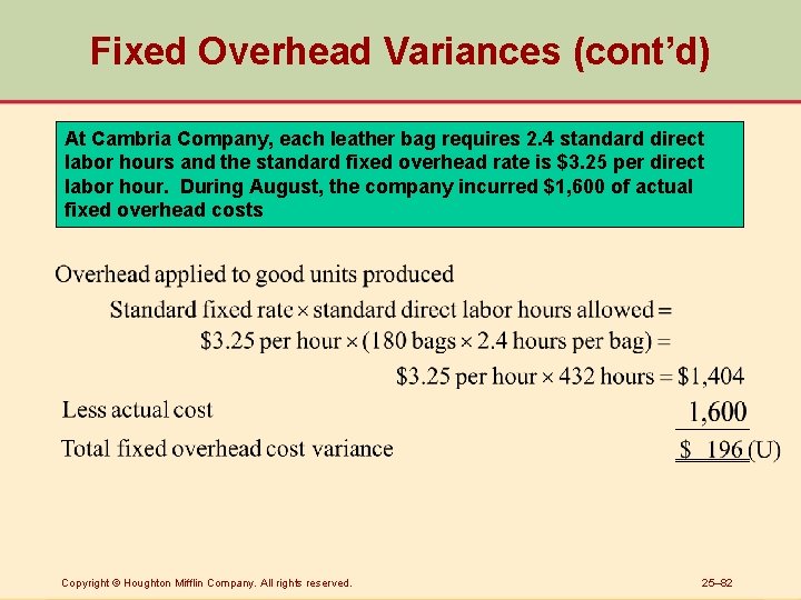 Fixed Overhead Variances (cont’d) At Cambria Company, each leather bag requires 2. 4 standard