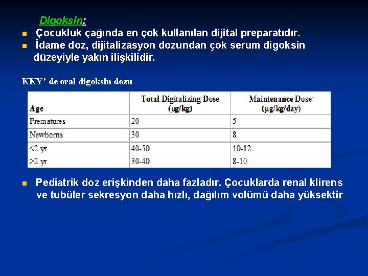 n n Digoksin: Çocukluk çağında en çok kullanılan dijital preparatıdır. İdame doz, dijitalizasyon dozundan