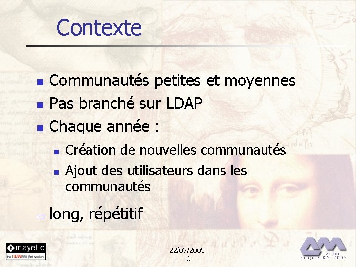 Contexte n n n Communautés petites et moyennes Pas branché sur LDAP Chaque année