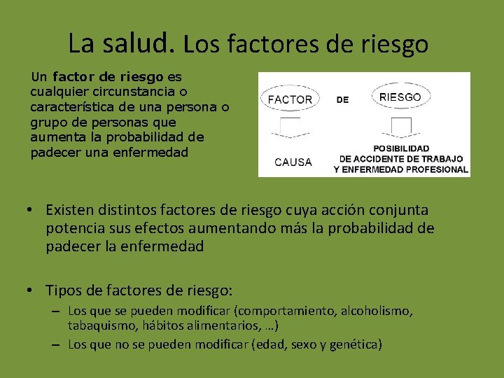 La salud. Los factores de riesgo Un factor de riesgo es cualquier circunstancia o