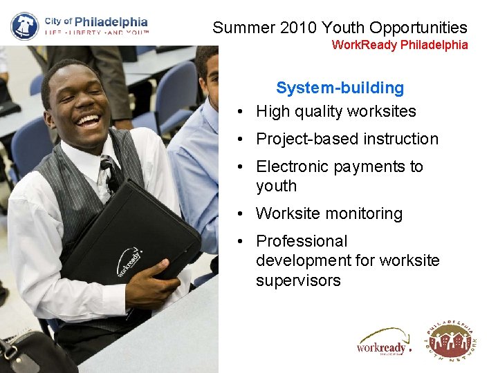 Summer 2010 Youth Opportunities Work. Ready Philadelphia System-building • High quality worksites • Project-based