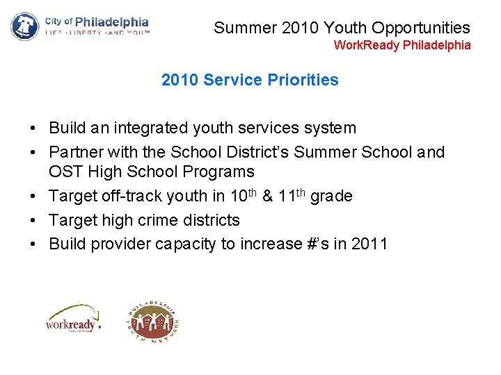 Summer 2010 Youth Opportunities Work. Ready Philadelphia 2010 Service Priorities • Build an integrated