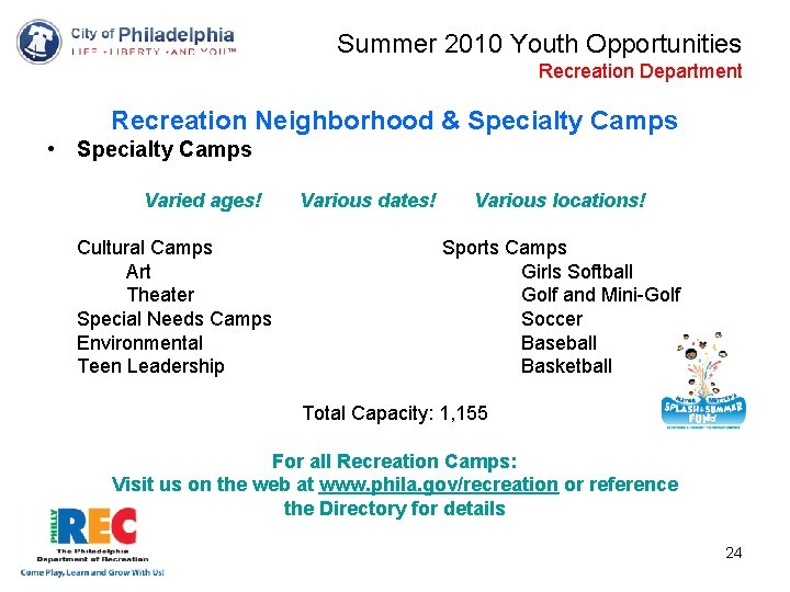 Summer 2010 Youth Opportunities Recreation Department Recreation Neighborhood & Specialty Camps • Specialty Camps