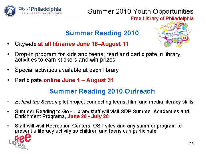 Summer 2010 Youth Opportunities Free Library of Philadelphia Summer Reading 2010 • Citywide at